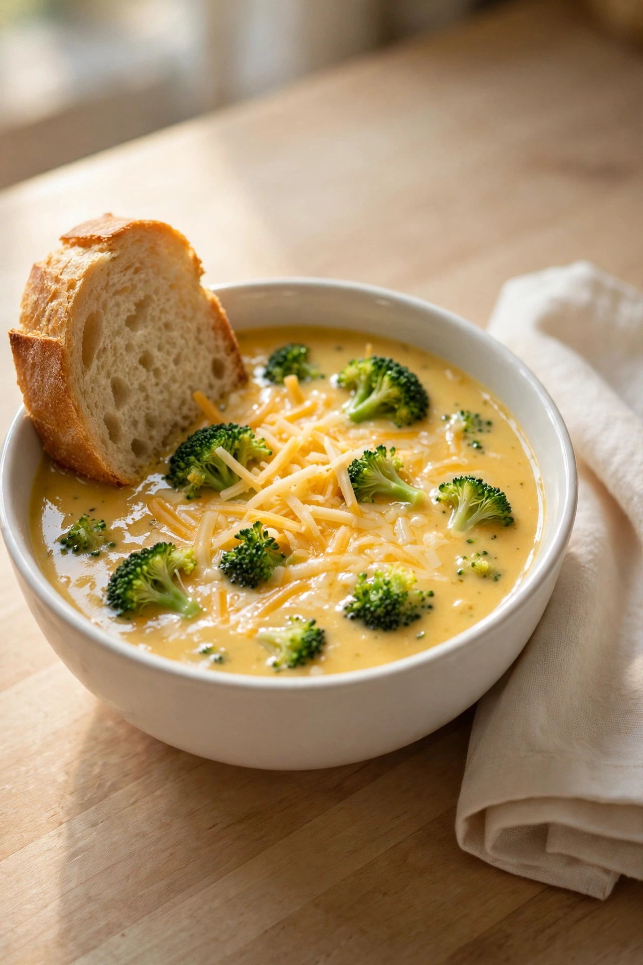 broccoli cheddar soup in a white bowl