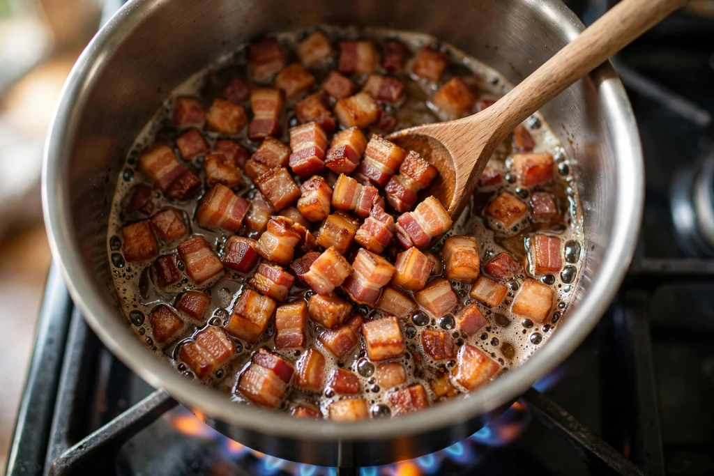 crispy bacon cubes sizzling pot bacon fat