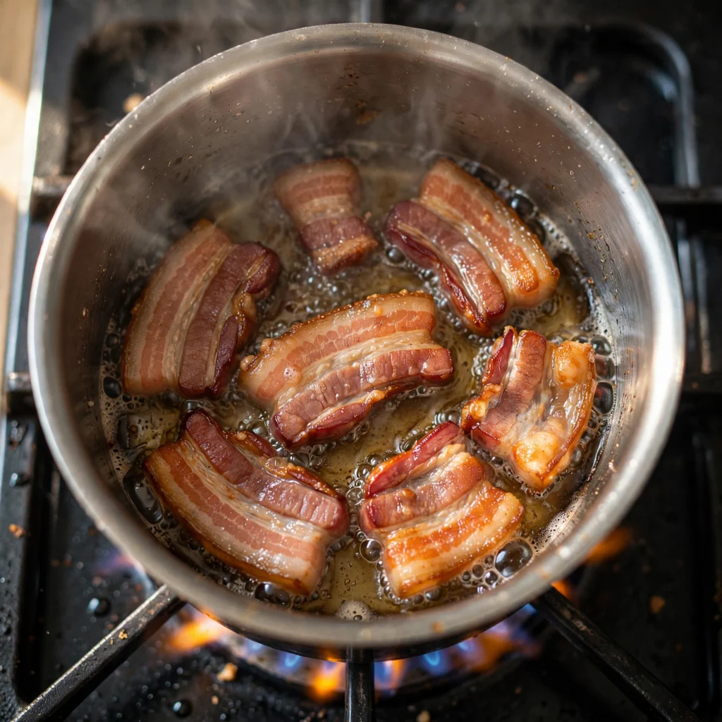 Thick-cut bacon strips sizzling and bubbling in bacon fat in stainless steel saucepan on gas stove with blue flame and steam rising