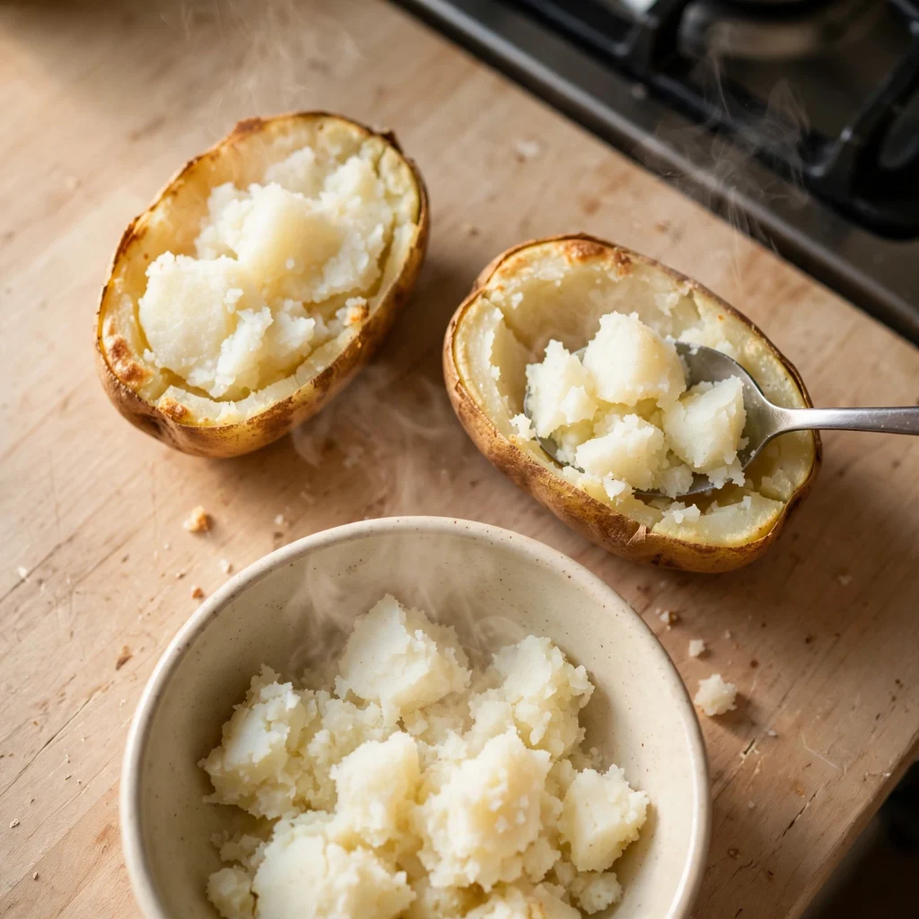 Steaming baked potatoes being scooped out with spoon on wooden board, fluffy potato flesh in ceramic bowl, steam rising