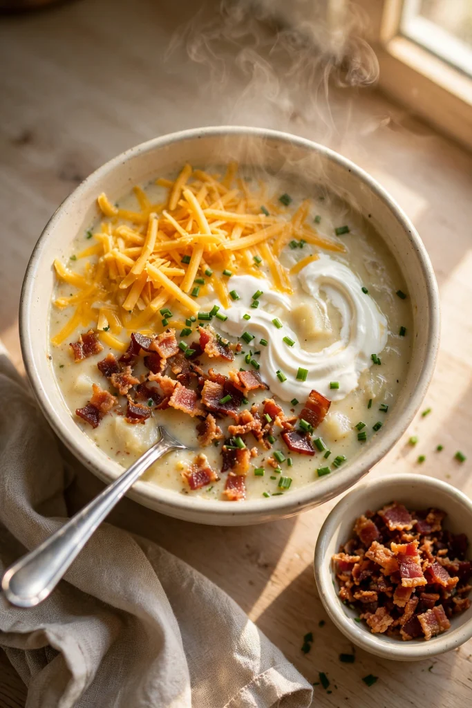 Overhead view of steaming loaded baked potato soup topped with shredded cheddar cheese, sour cream swirl, crispy bacon bits and chives in white bowl with spoon and side bowl of bacon