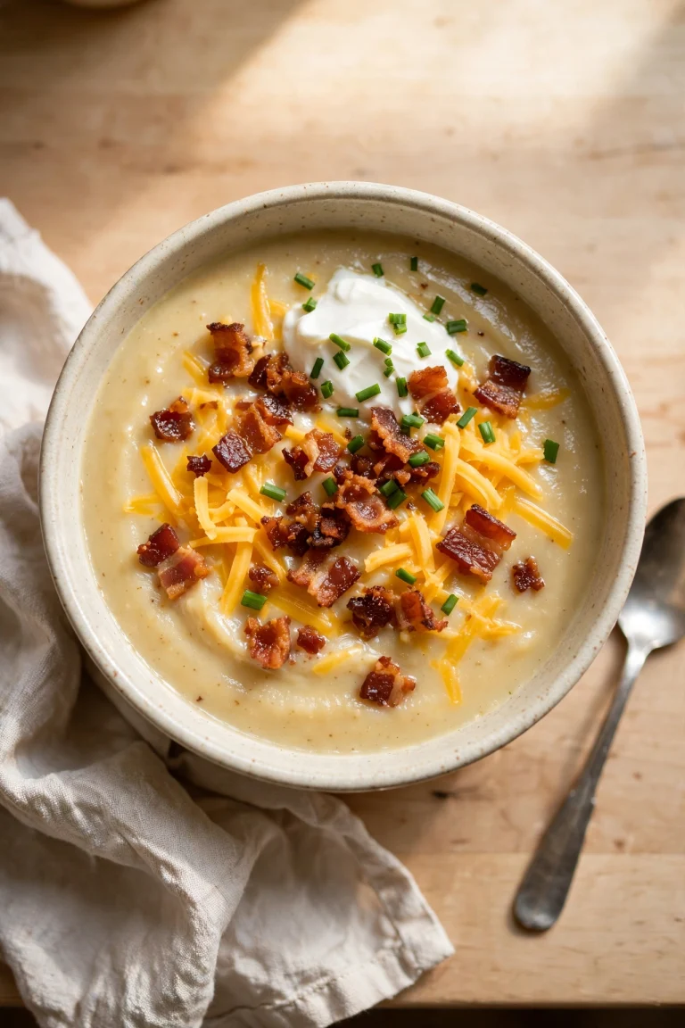 Overhead view of creamy loaded baked potato soup in ceramic bowl topped with shredded cheddar cheese, crispy bacon bits, dollop of sour cream and chopped chives on light wood table with linen napkin and spoon