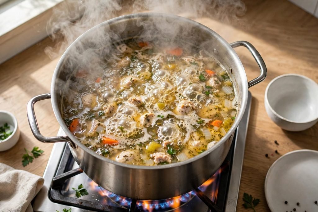 Chicken noodle soup at a full rolling boil in a large pot on the stove.