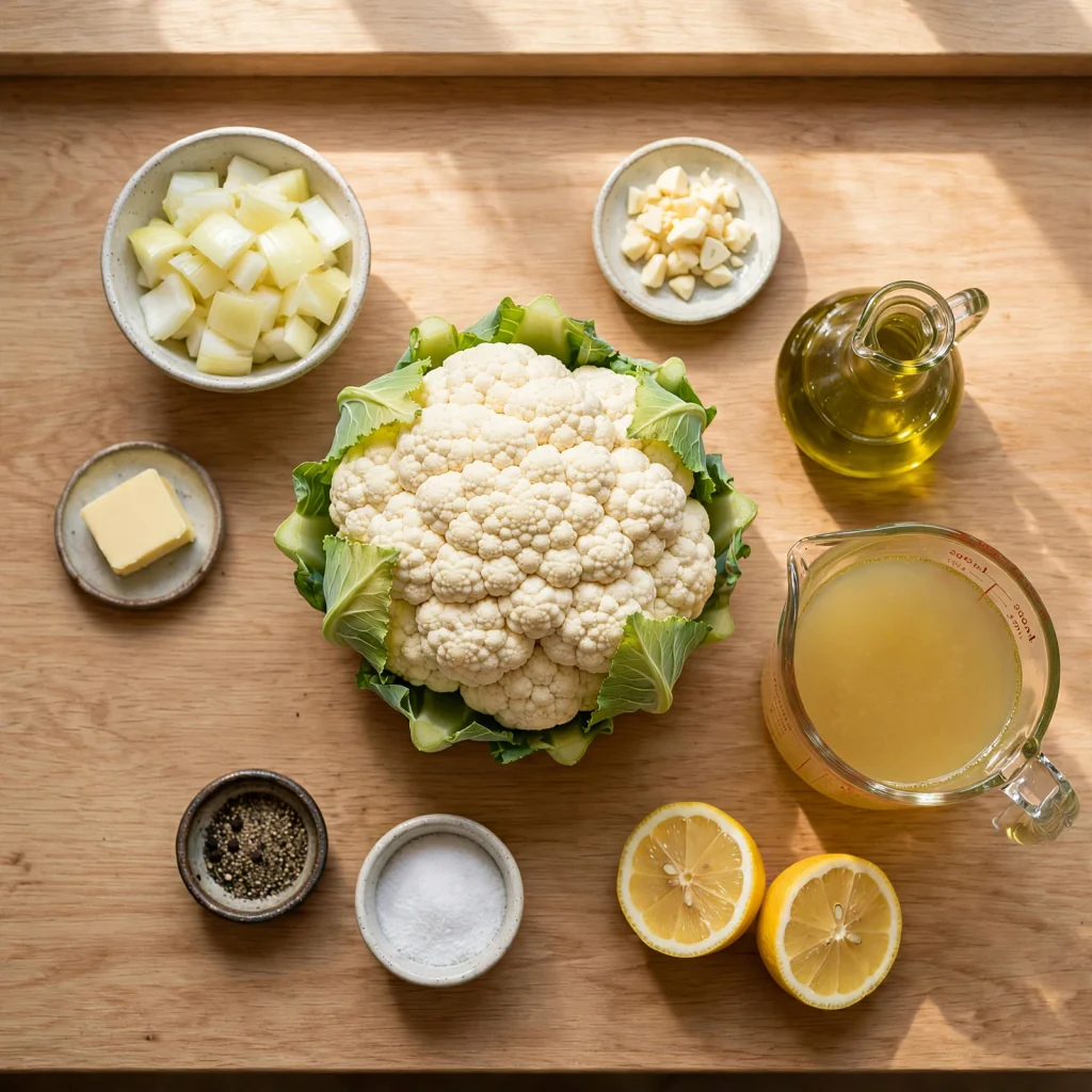 cauliflower soup ingredients flatlay whole cauliflower broth lemon