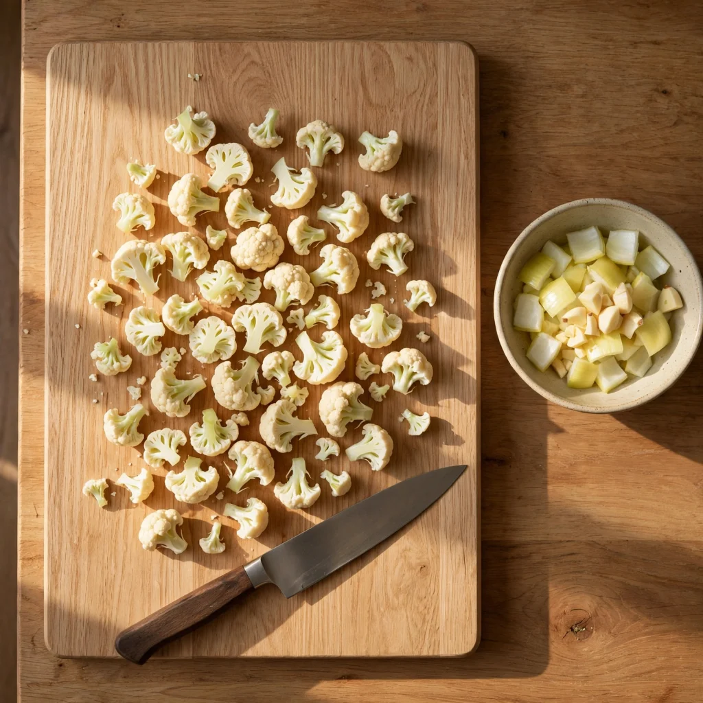 chopped cauliflower florets cutting board onion garlic prep