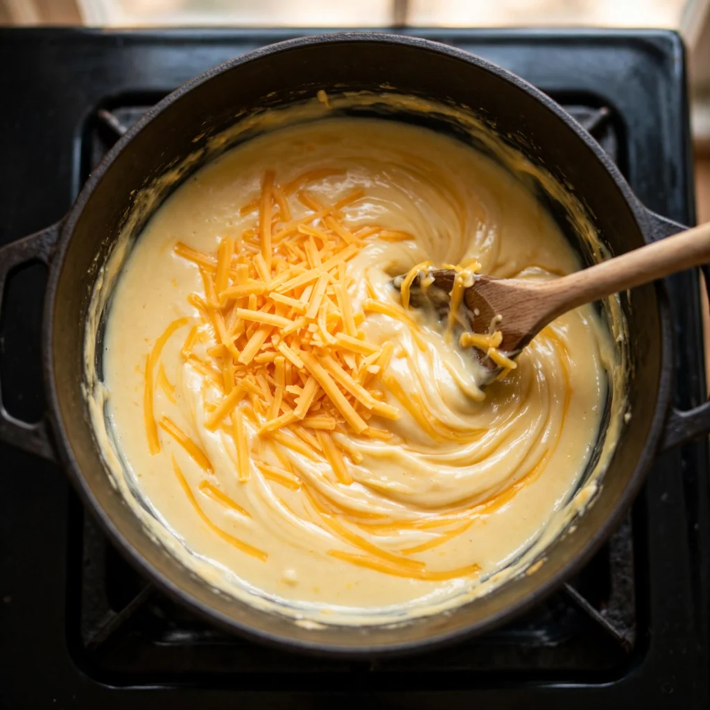 stirring cheddar cheese into creamy potato soup dutch oven