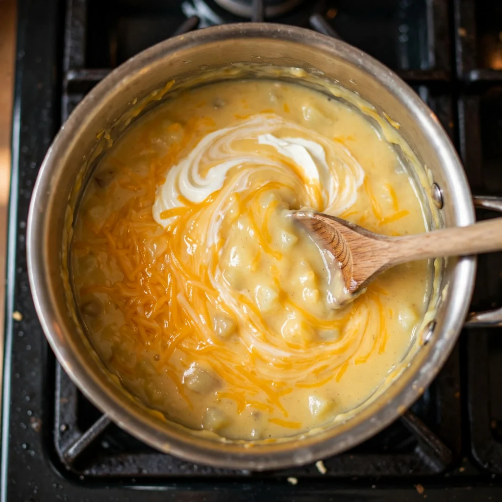 Creamy cheesy potato soup in stainless steel pot, stove off, cheese being stirred in