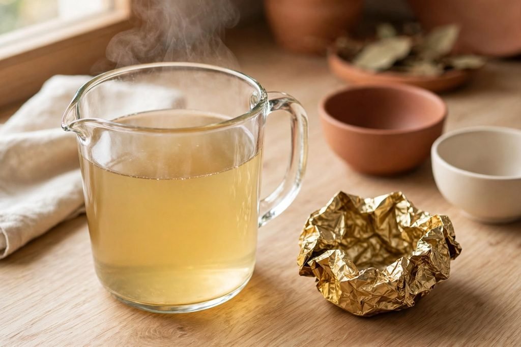 A glass measuring jug of golden chicken broth ready to use in chicken tortilla soup.