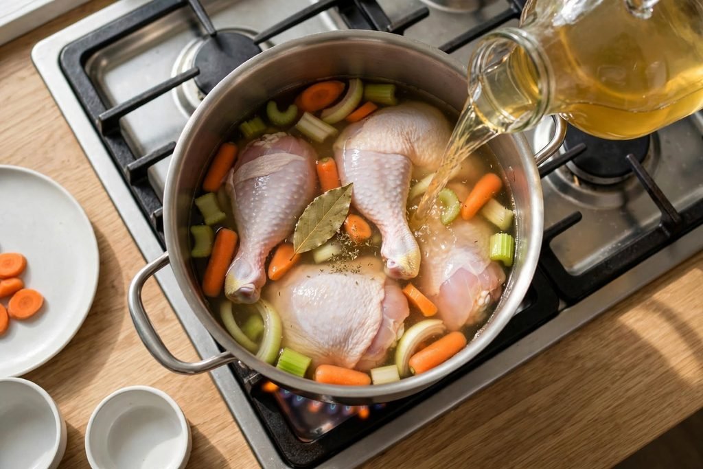 Chicken broth being poured from a jug into the pot with chicken and vegetables on the stove.
