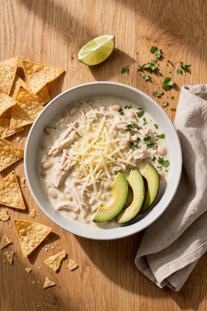 A bowl of creamy white chicken chili topped with cheese, avocado, tortilla chips, and cilantro.