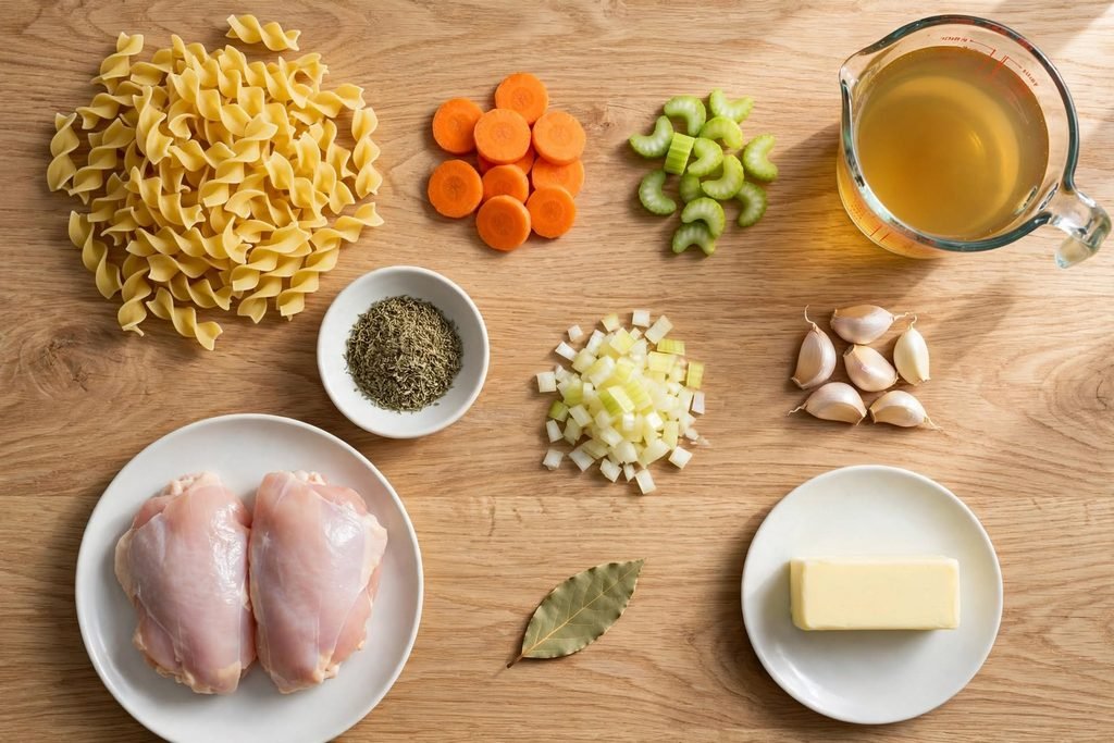 All the ingredients for chicken noodle soup laid out flat on a wooden surface.