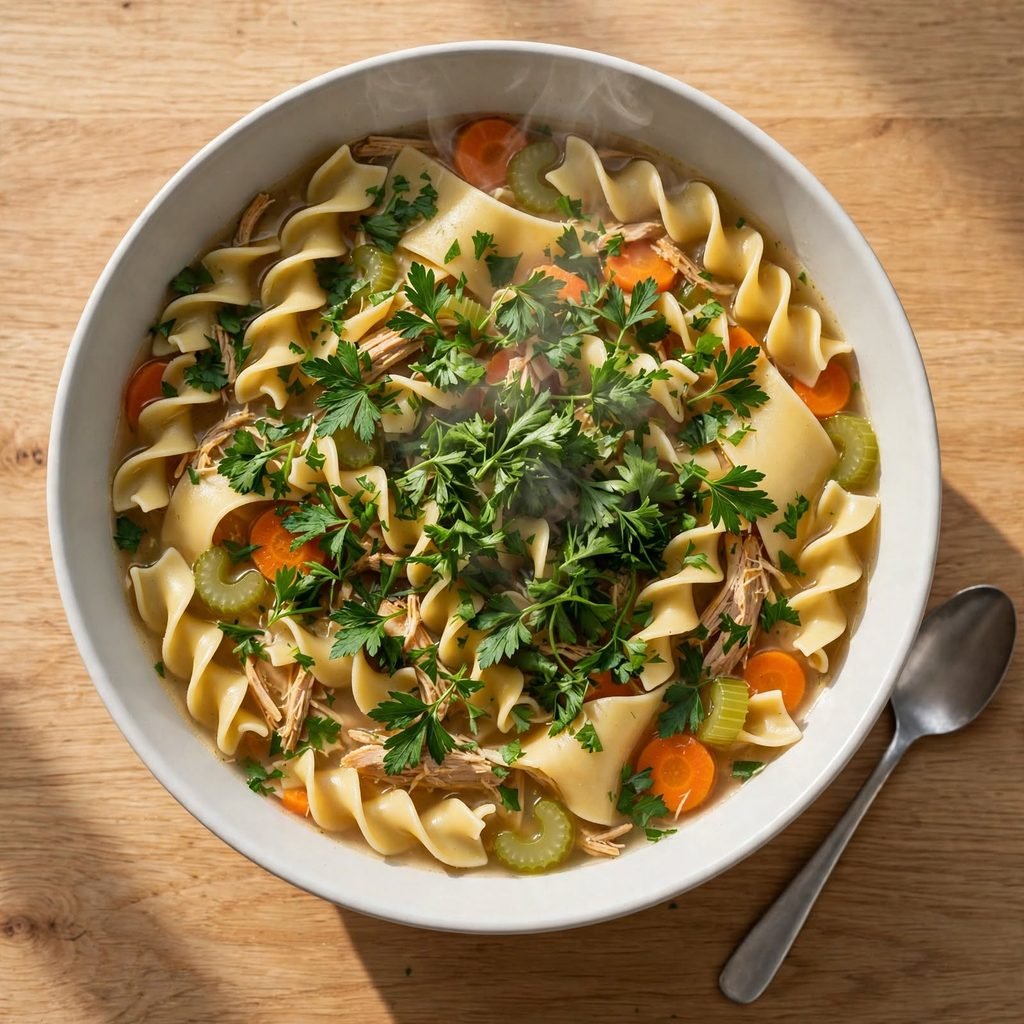A bowl of homemade chicken noodle soup with egg noodles, shredded chicken, and fresh parsley in golden broth.