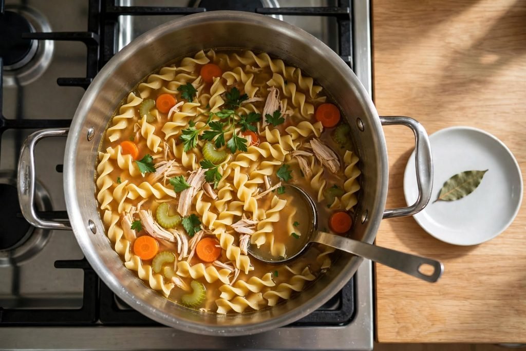 Finished chicken noodle soup in a pot with fresh parsley on top and a ladle ready to serve.