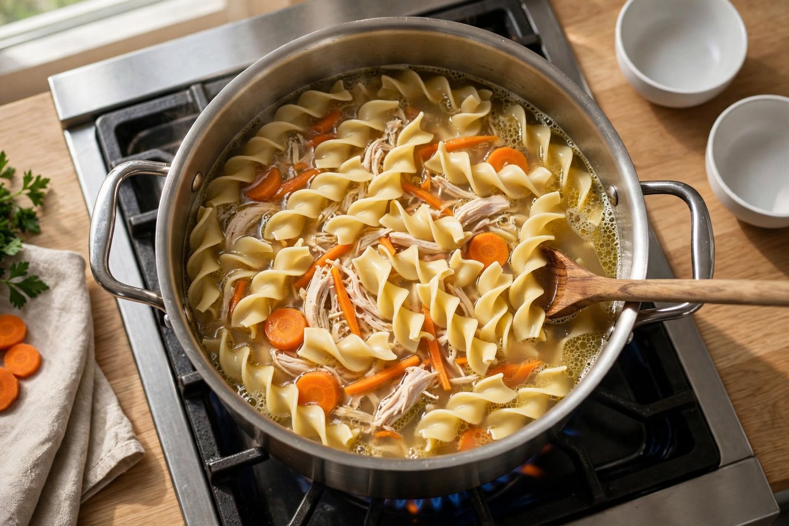 Just-cooked egg noodles simmering in golden chicken broth in a pot on the stove.