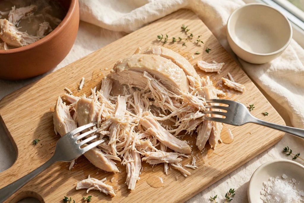Cooked chicken being pulled into shreds with two forks on a cutting board.