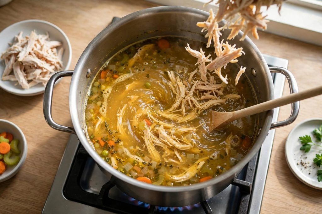 Shredded chicken being stirred back into the simmering soup in a pot on the stove.