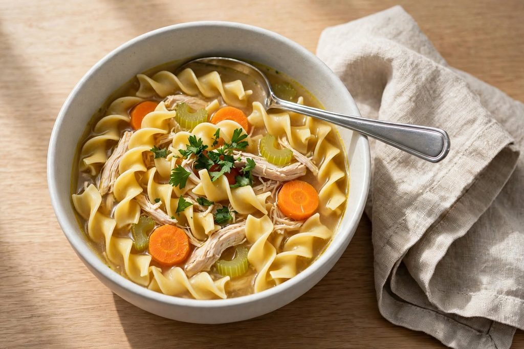A bowl of chicken noodle soup with egg noodles and shredded chicken in golden broth, photographed at a 45-degree angle.