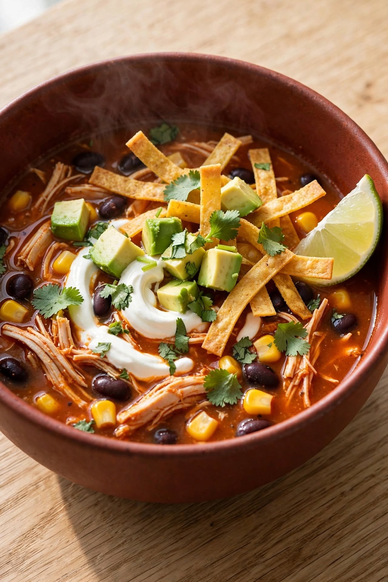 A bowl of chicken tortilla soup topped with crispy tortilla strips, avocado, sour cream, and cilantro.