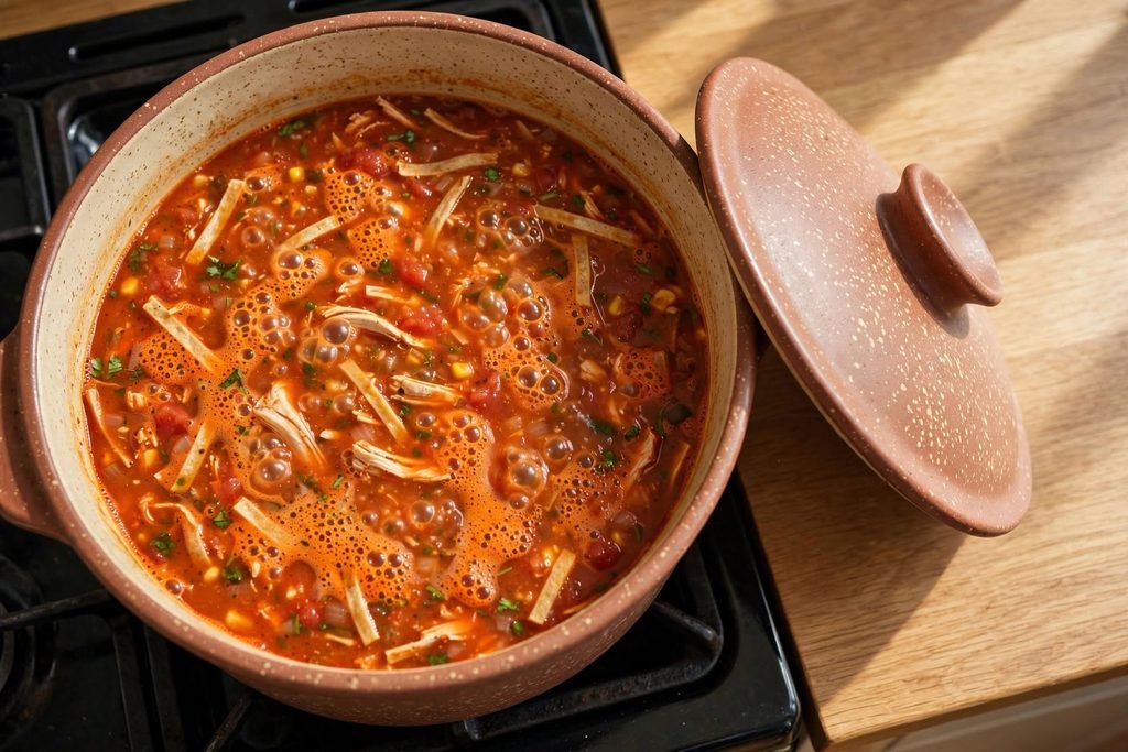 Chicken tortilla soup at a gentle simmer in a large pot with the lid resting ajar.