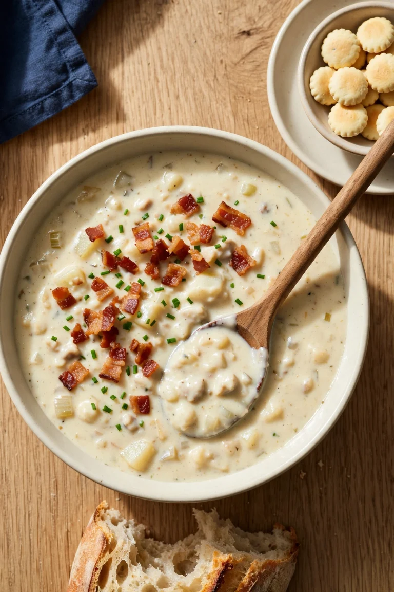 creamy clam chowder bowl bacon chives crackers