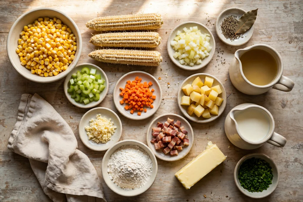 corn chowder ingredients flatlay corn potatoes bacon