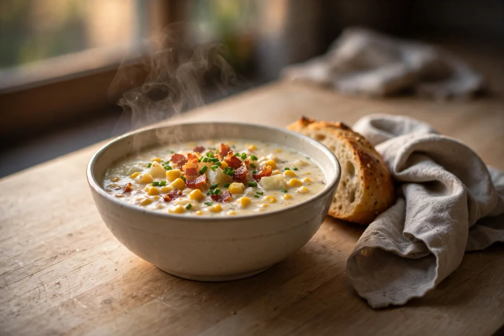 creamy corn chowder bacon potato chives steaming bowl