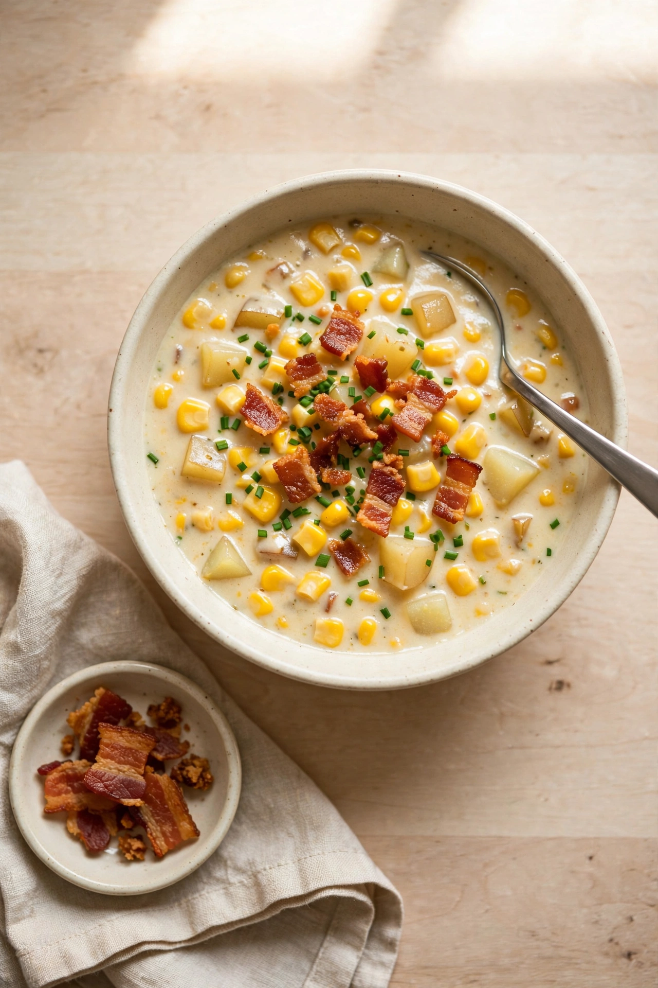 Overhead view of creamy corn chowder with potatoes, bacon bits and chives in white bowl with spoon on light wood table with side dish of bacon