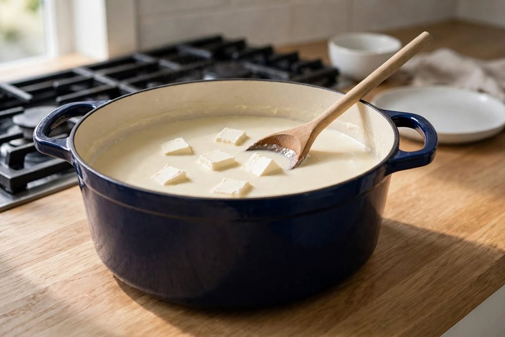 Cream cheese cubes being stirred into white chicken chili broth in a pot off the heat.