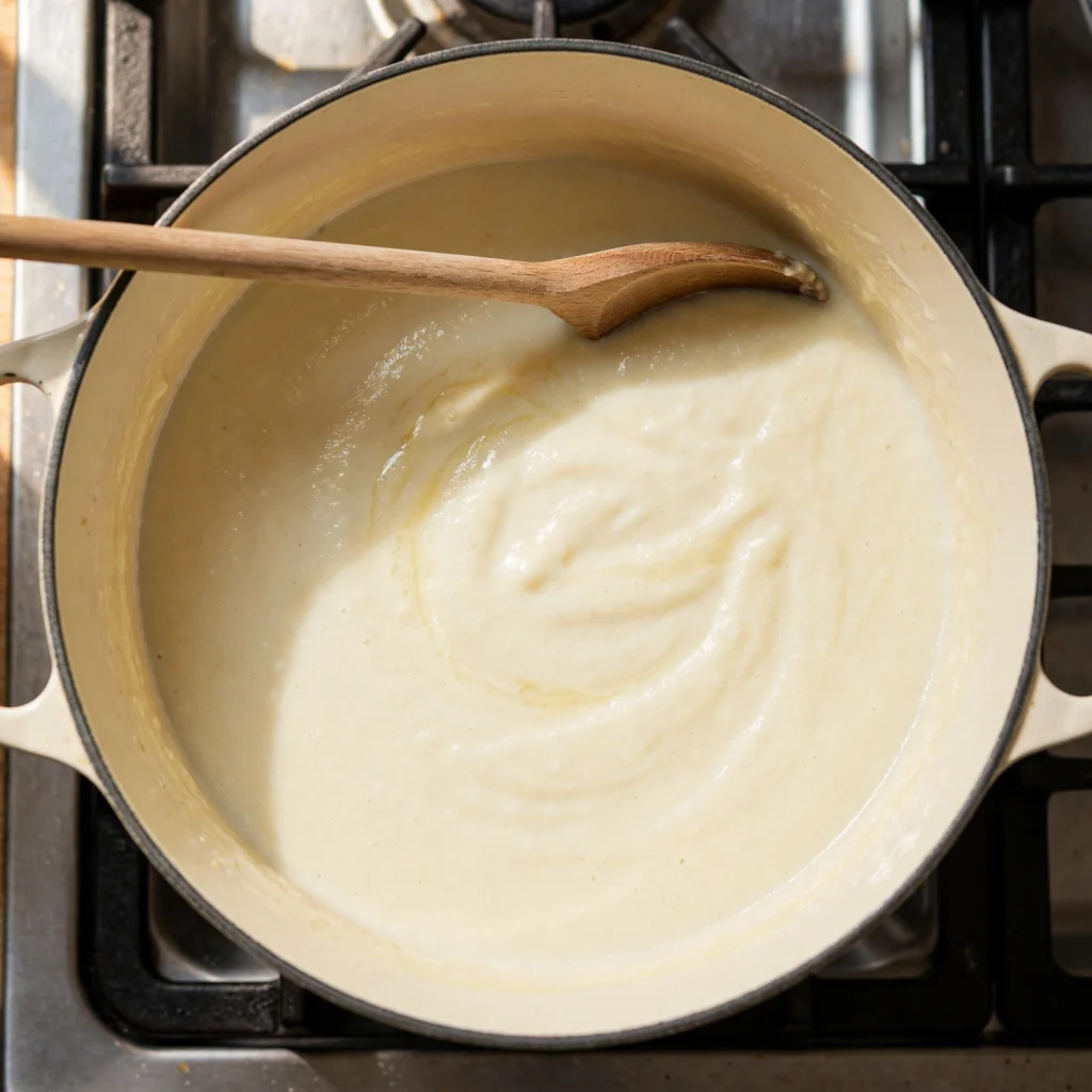 creamy blended cauliflower soup dutch oven wooden spoon