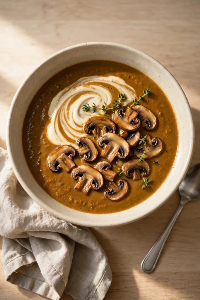 Creamy mushroom soup with sautéed cremini mushrooms and fresh thyme in a white bowl