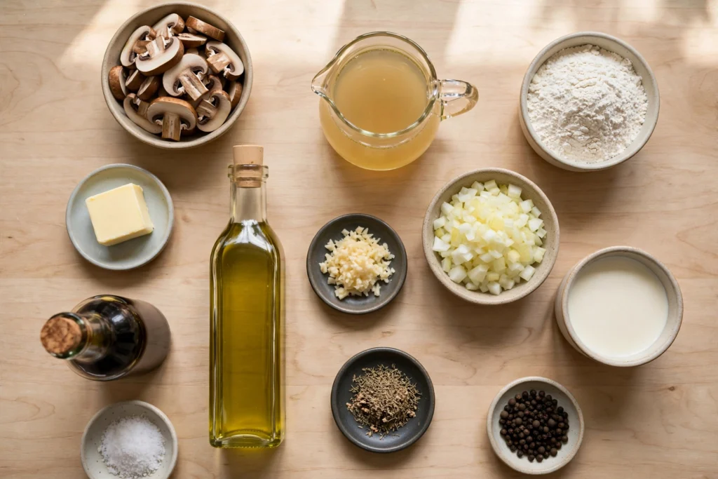 homemade cream of mushroom soup ingredients flatlay