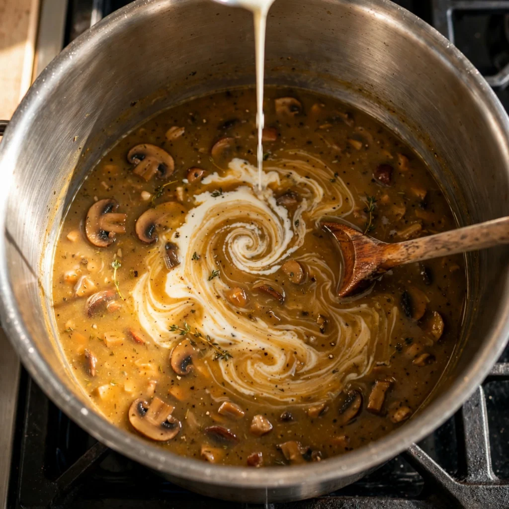 pouring cream into cream of mushroom soup