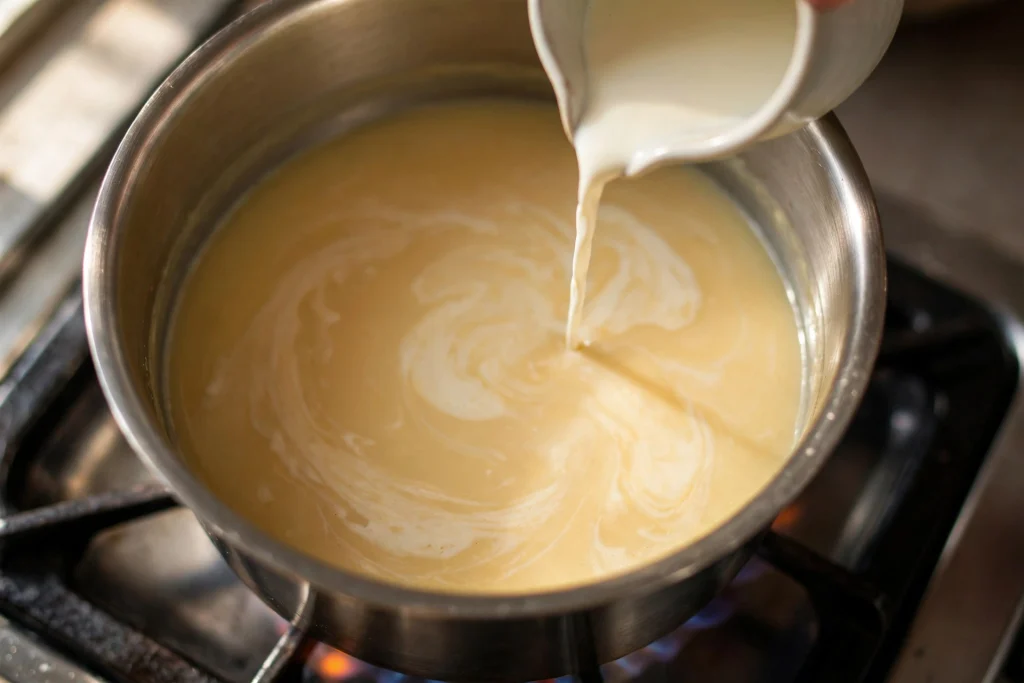 pouring heavy cream potato leek soup pot swirl