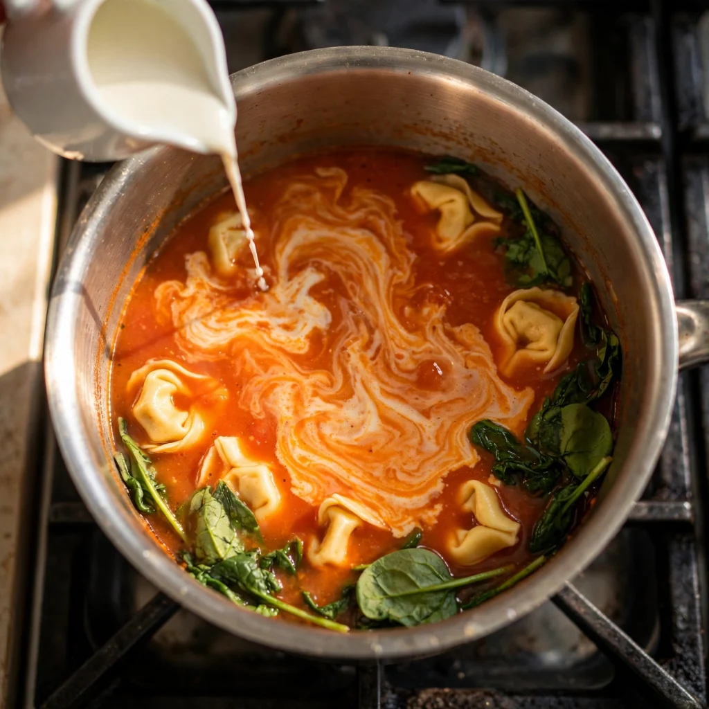 pouring cream into creamy tomato tortellini spinach soup pot