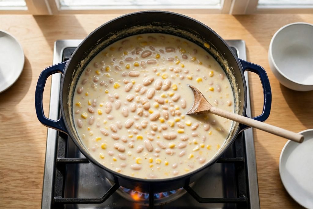 White beans and corn stirred into the pot of white chicken chili broth on the stove, the broth noticeably thickened.