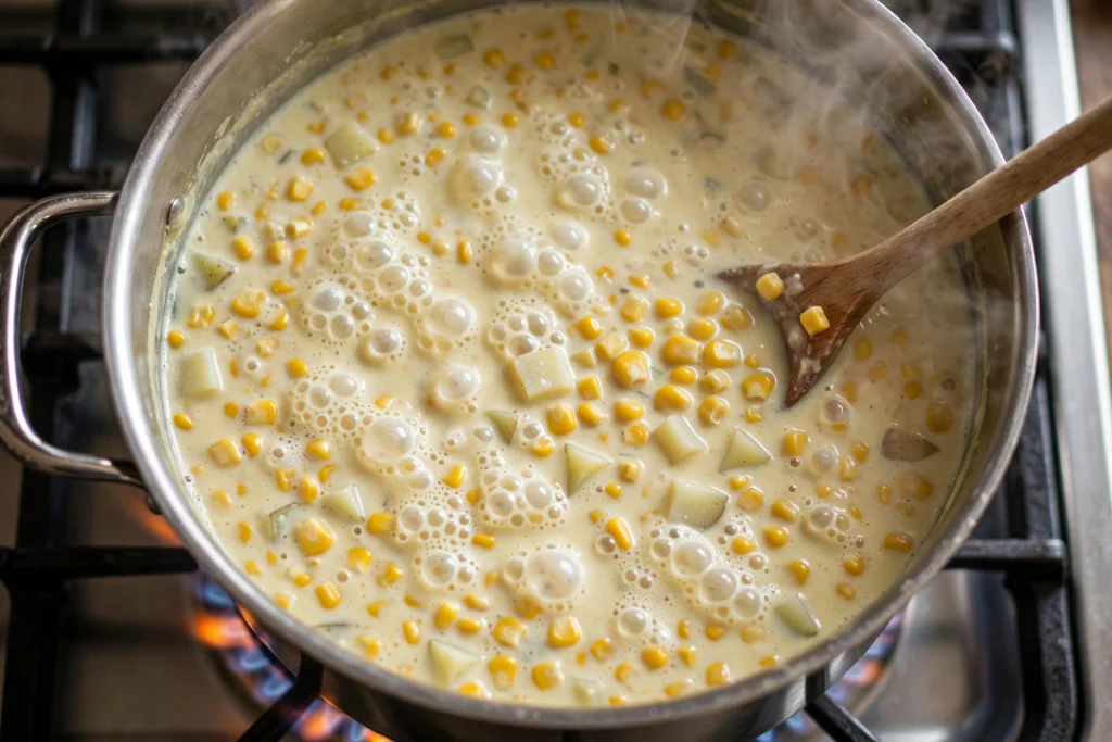 creamy corn chowder simmering bubbling corn potato pot