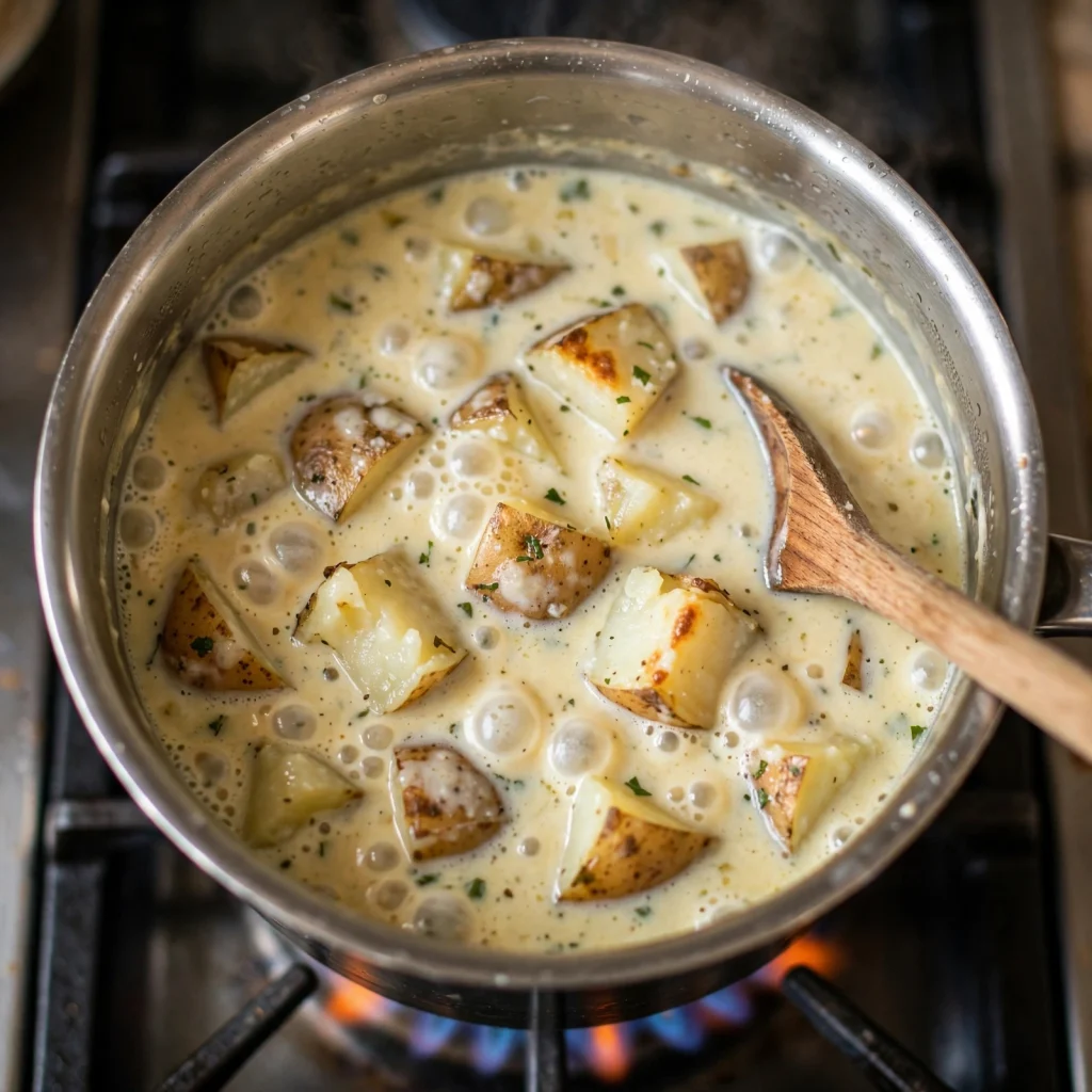 Overhead view of creamy potato soup with large roasted potato chunks simmering and bubbling in stainless steel pot with wooden spoon and herbs on gas stove