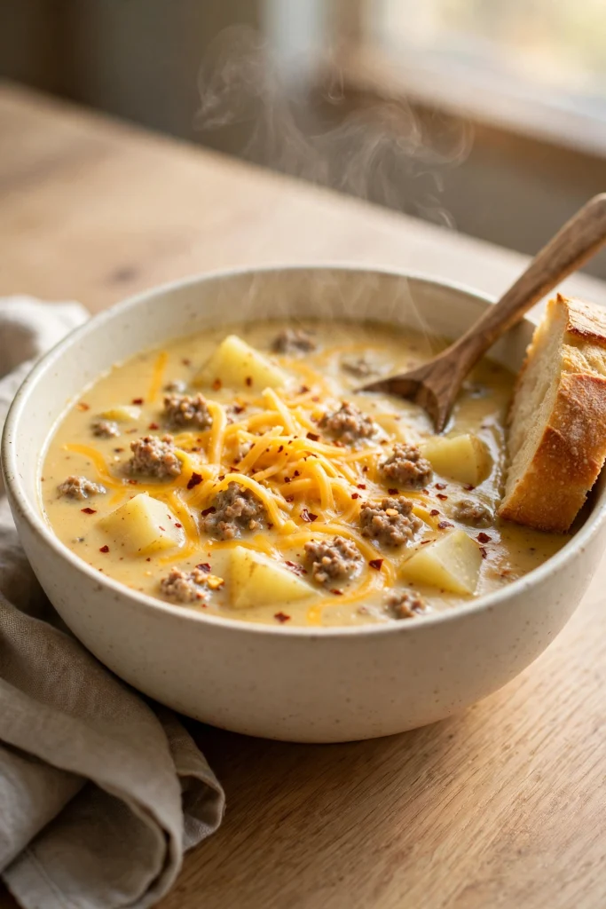 Creamy sausage potato cheddar soup in a white bowl topped with shredded cheese and parsley on a wood table