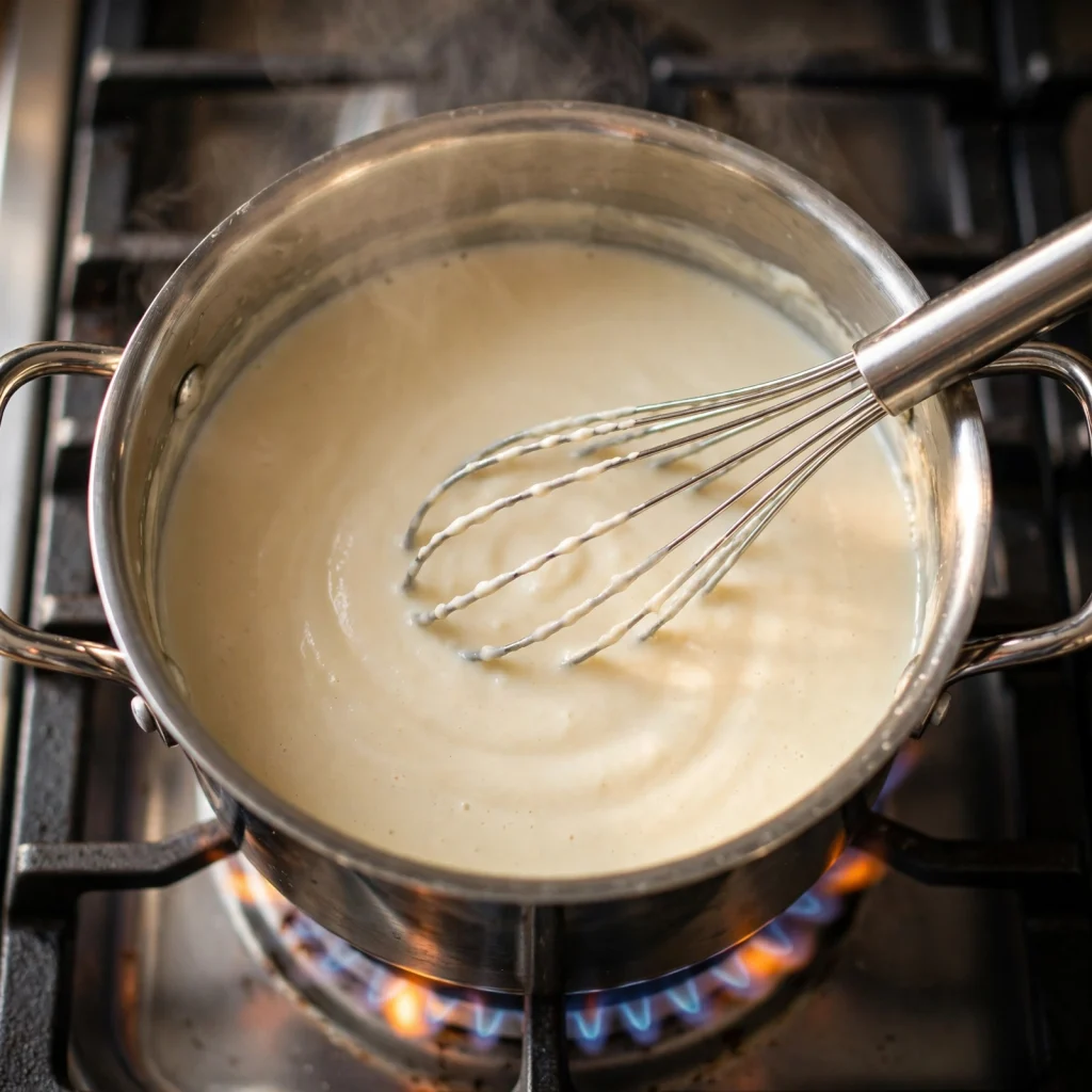 Creamy white soup base being whisked with wire whisk in stainless steel pot with two handles on gas stove, steam rising