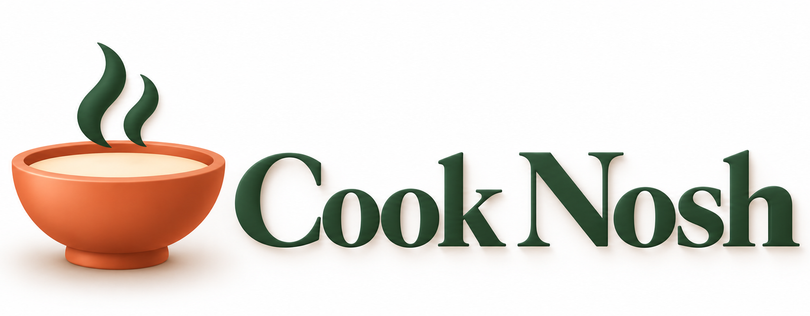 Cook Nosh logo featuring a warm terracotta soup bowl with cream soup and two forest-green steam curls, paired with elegant forest-green serif text reading “Cook Nosh” on a white background
