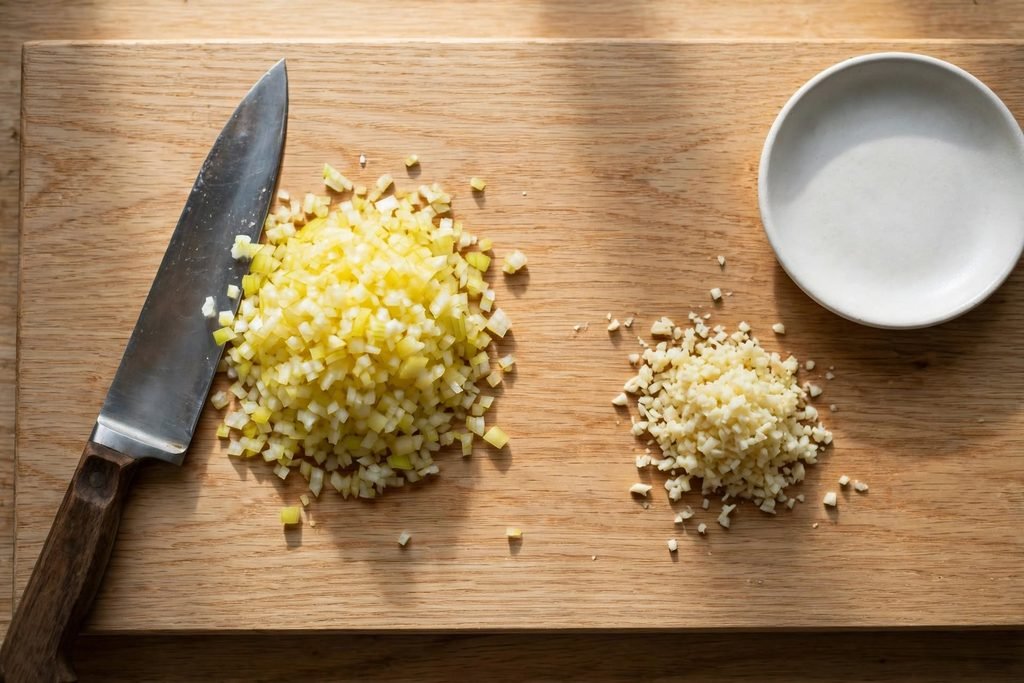 Finely diced yellow onion and minced garlic on a cutting board with a chef's knife resting beside them.