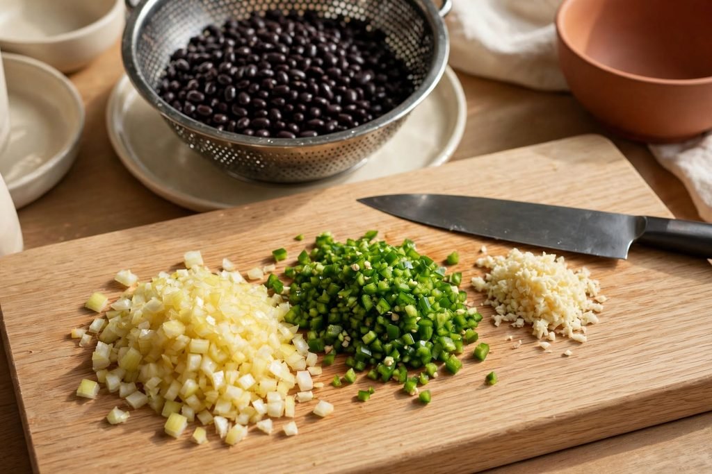 Finely diced onion, jalapeño, and minced garlic on a cutting board with a chef's knife resting beside them.