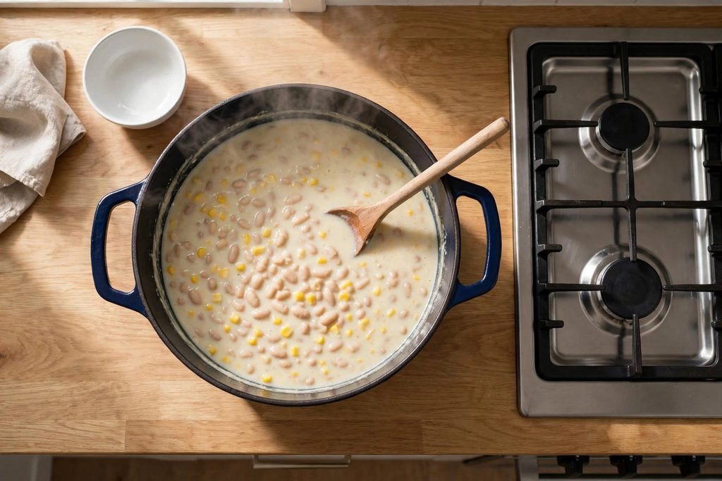 The pot of white chicken chili sitting on a countertop off the heat, with gentle steam still rising.