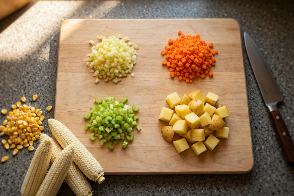 diced onion carrot celery potato corn chowder prep board