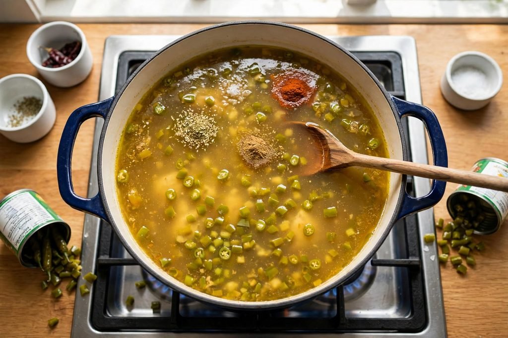 Chicken broth and green chilies added to the pot with the onion and garlic, spices visible on the surface.