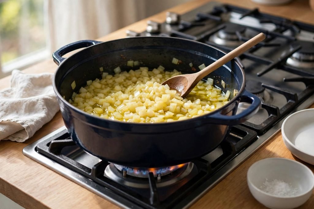 Diced yellow onion cooked until soft and translucent in a large Dutch oven on the stove.