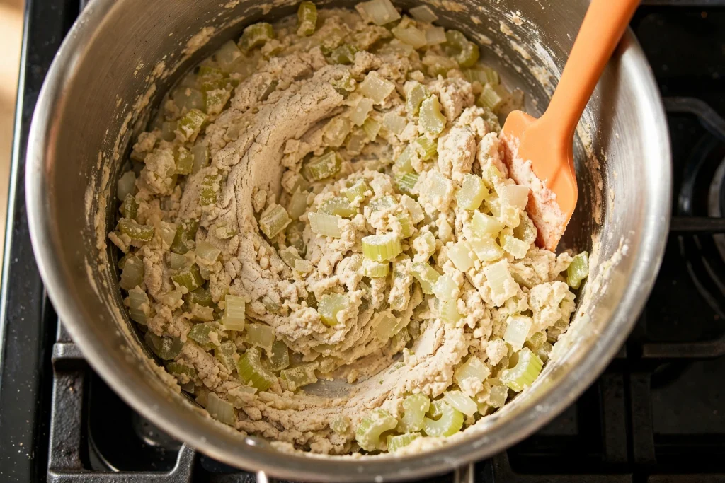 flour roux onions celery Dutch oven stirring