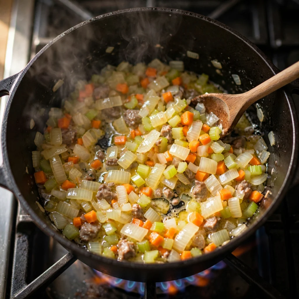 sautéing onions carrots celery sausage in dutch oven