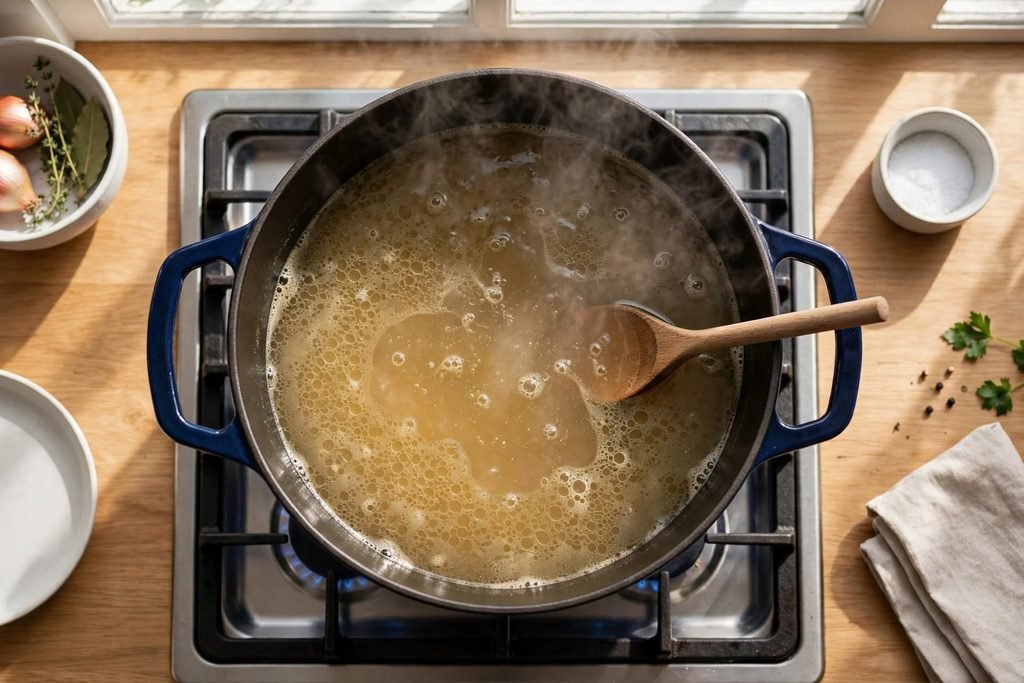White chicken chili broth at a gentle simmer on the stove with small bubbles visible on the surface.