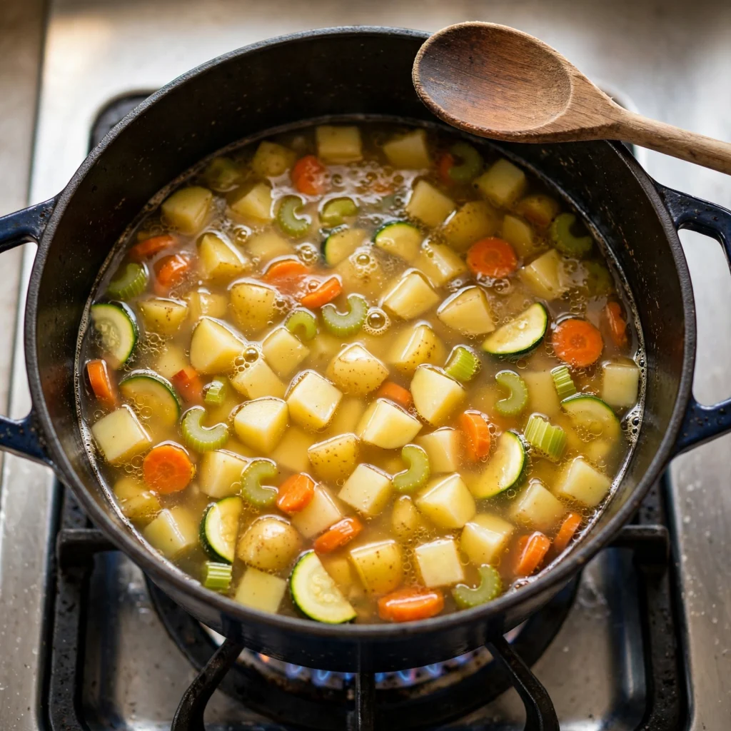 sausage potato soup base with potatoes and vegetables simmering in a Dutch oven on the stove